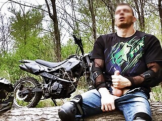 amateur (gay) Handsome BIKER while riding a MOTORCYCLE in the forest JERKS OFF and CUMS in public big cock (gay) hunk (gay)